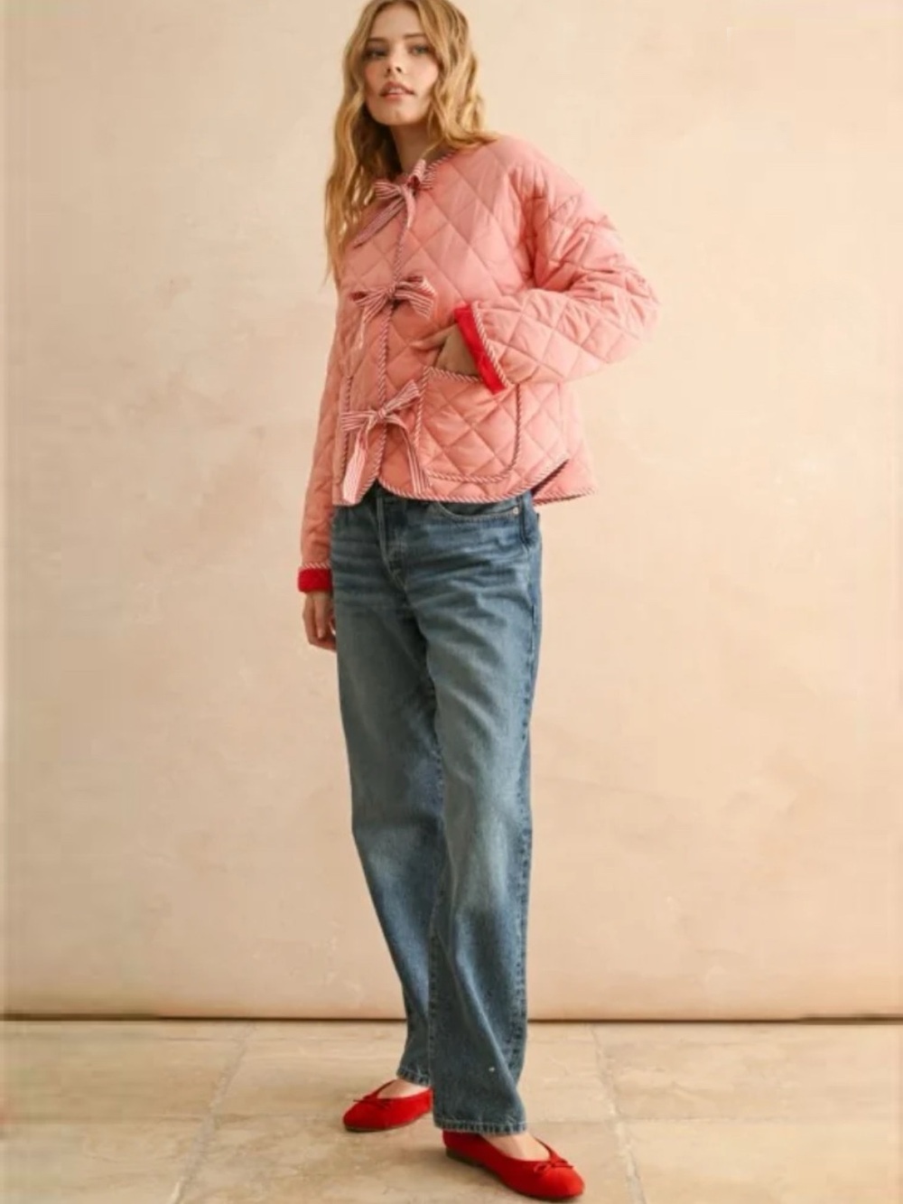 Miou Muse ROSETTE RIBBON QUILTED JACKET IN PINK